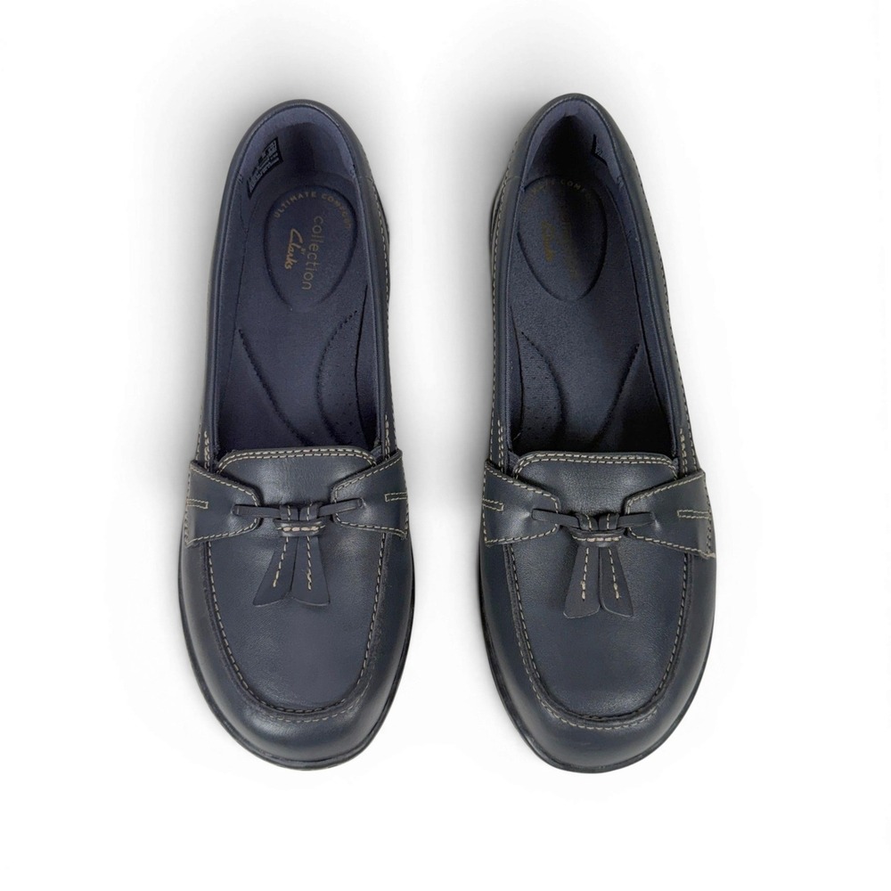 Clarks Ashland Bubble Loafers Womens 7.5 Wide Navy Leather Slip On Tassel